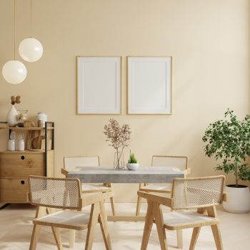 Frame mockup in luxury dining room and cream color background.3d rendering